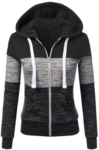 Newbestyle Hoodies for Women Color Block Hooded Sweatshirt Basic Zip-Up Jersey Jacket Long Sleeve Top with Pockets Plus Size Black Gray L