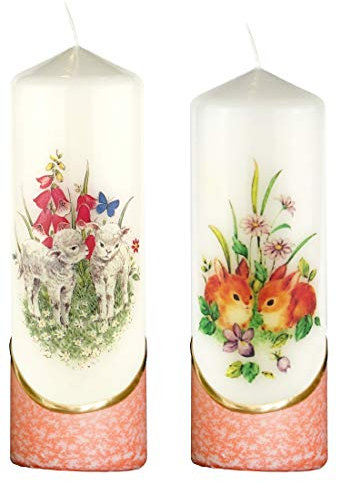 Meissner-Handel Auswahl * 2 Stück Osterkerze Stumpenkerze Osterdeko * 6 x 18 cm * mit farbigen Wachs- und Bildauflagen * Auswahl Motiv + Farbe * orange * (Serie 3 - Set 10/13)