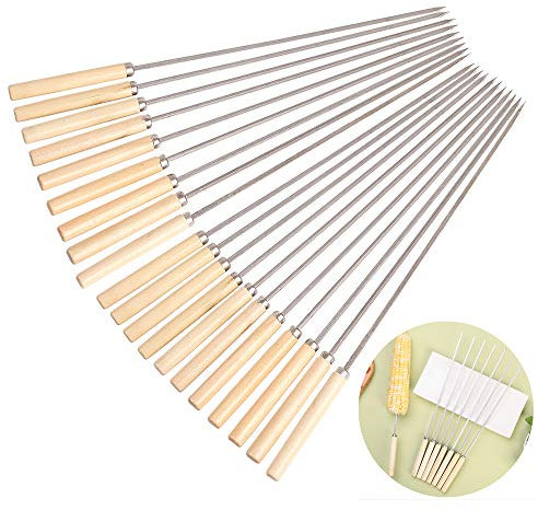 Lezed Brochettes de Barbecue en Acier Inoxydable avec Poignée en Bois Réutilisable Bâtons Barbecue Griller pour Viande Légumes Aiguille à rôtir Brochettes pour Pique-Nique en Plein Camping 20 Pièces