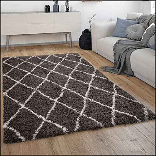 Paco Home Hochflor Teppich Wohnzimmer Shaggy Langflor Skandinavisches Rauten Muster Modern, Grösse:60x90 cm, Farbe:Grau