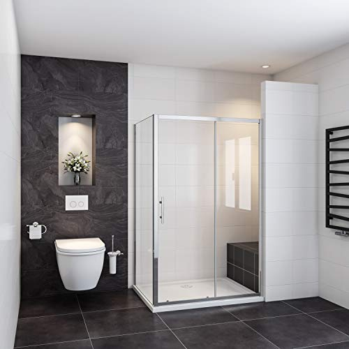 Box Doccia Angolare Alto 185 cm Misura 130x90 cm Porta Scorrevole con 5mm | Parete Laterale, Temperato, in Vetro, Profilo Cromato Lucido