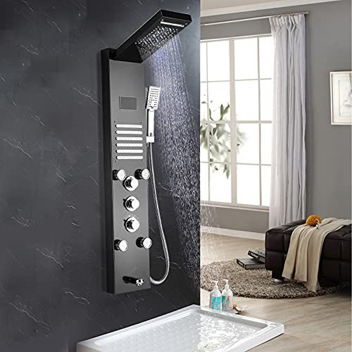 Black Shower Panel Tower Wall Mounted Tower System Shower Tower Panel 5 Functions with 5 Massage Jets