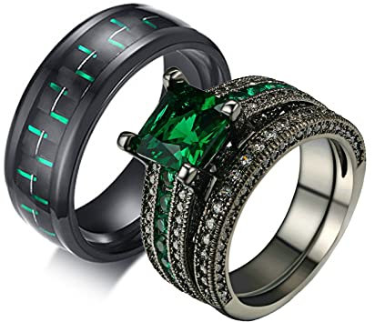 ANAZOZ 2 Stück Eheringe Paarpreis Edelstahl Vergoldet 8mm Kohlefaser Claddah Solitär Diamantring Grün Ringe für Verliebte Ringe Partnerringe Schwarz Frau:60 (19.1) & Mann:54 (17.2)