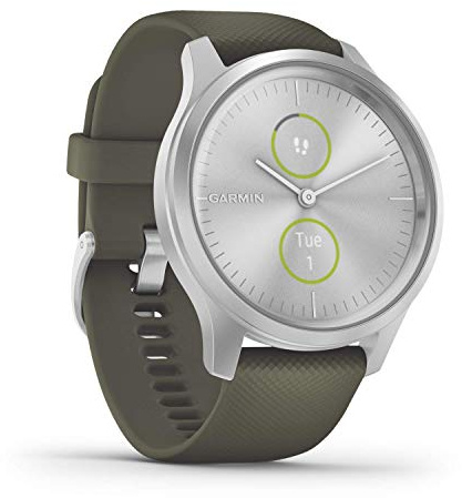Garmin vívomove Style, Stylish Hybrid Smartwatch with Health and Fitness functions, Real Watch Hands, Hidden Colour Touchscreen Display and up to 5 days battery life, Silver and Moss (Renewed)