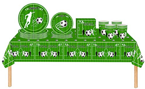Football Party Supplies Disposable Tableware Set for 16 Guests - World Cup 2022 Green Soccer Table Decorations, Table Cloth, Banner, Paper Plates, Cups, Napkins for Boys Birthday
