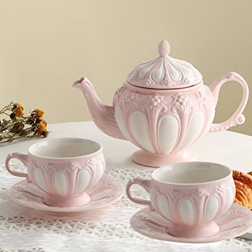 5-TLG. Porzellan-teeservice Floral Geprägt, Kaffeetassenservice Mit 1 Teekanne Aus Porzellan, 2 Teetassen Und 2 Untertassen, für High Tea, Hochzeit, Party,Pink