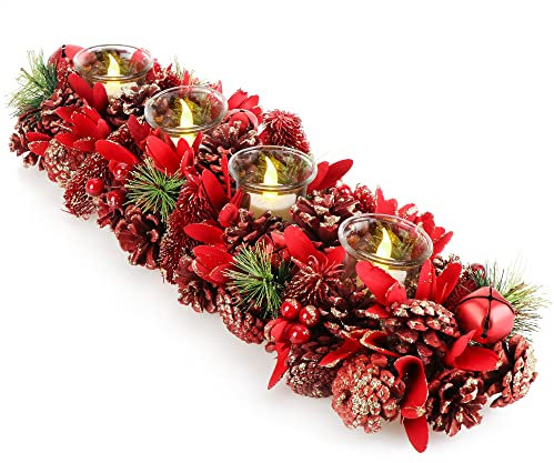 COM-FOUR® Adventskranz länglich, Kerzenständer Weihnachten für 4 Kerzen, Kerzenhalter, Adventsgesteck, XL Adventskerzenhalter, Kerzenleiste als Tischdeko (Adventsgesteck roter Glitter - 4 Kerzen)