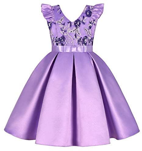 BUNNY LULU Robe pour Filles à épaule inclinée pour Demoiselle d'honneur, Princesse de Mariage, nœud d'anniversaire pour Enfants, soirée de Bal de fête de Boule (Violet,5-6Ans)