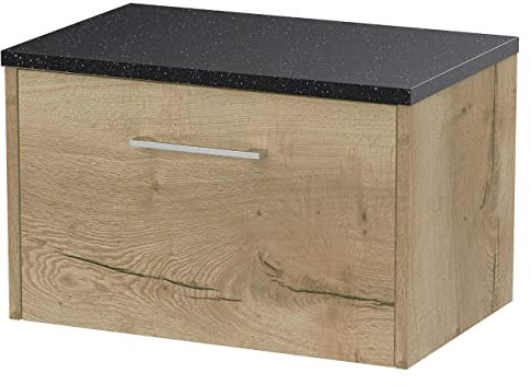 Hudson Reed JNU1822LSB Juno Modern Bathroom Wall Hung Single Drawer Vanity with Black Sparkle Laminate Worktop, 600mm, Woodgrain Autumn Oak