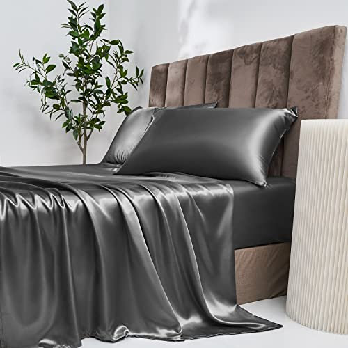 Damier Satin Spannbettlaken 180x200cm Grau Dunkelgrau Seide Glänzend Spannbetttuch Hochwertiges Satin Deluxe Bettlaken, geeignet für Matratzen bis 30cm