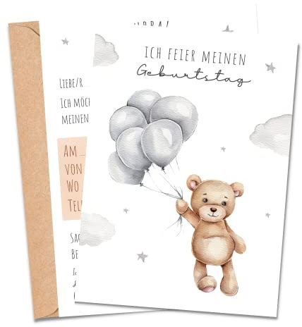 MeinBaby123® 10 Einladungskarten Kindergeburtstag Mädchen und Jungs | süße Geburtstagseinladungen für Kinder | Bär Einladungskarten | inkl. 10 Briefumschläge | Premium Qualität (Bär V1)