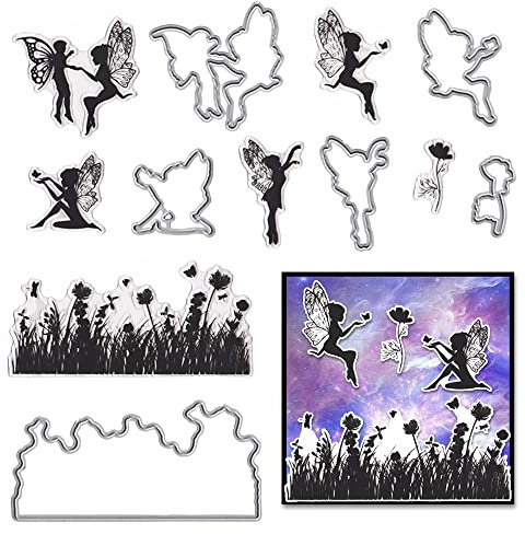 Hying Transparente Stempel und Stanzformen für Kartenherstellung, Motiv: Frühlingsfee, Blumen, Schmetterlinge, Gummistempel, Blumengras, Fee, Stanzformen, Siegel für Bastelarbeiten, Scrapbooking,