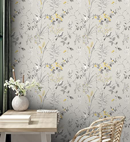 GAULAN 680927 - Papel pintado lavable de ramas flores y pájaros estilo romántico para pared salón cocina dormitorio comedor - Rollo de 10 m x 0,53 m