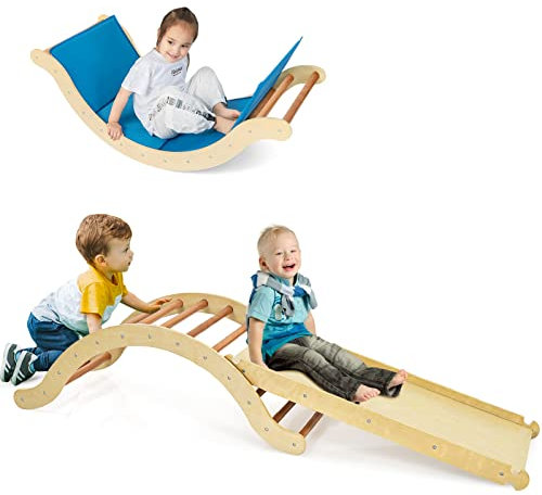 RELAX4LIFE 4 in 1 Arco da Arrampicata Montessori per Bambini, Set di Arrampicata con Scivolo e Cuscino Morbido (Naturale)