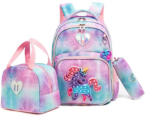HTgroce Rosa Schulranzen Mädchen Set 3 Teilig Pop Children's Backpack Push It Schultasche Mädchen 1. klasse einhorn rucksack mädchen Pop Bubble Anti Stress Schulranzen