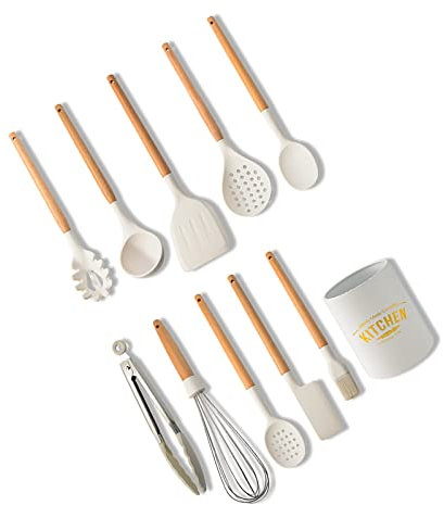 Silicone Kitchen Utensils Set of 10 Silicone Cooking Utensils Kitchen Utensils Set Natural Wooden Handles Spatula Cooking Spoon Kitchen Aid Utensils Set White