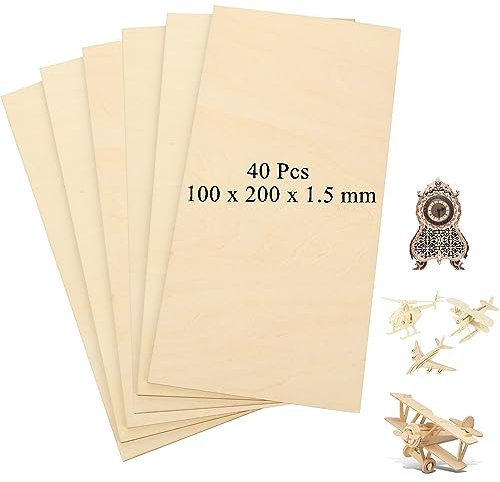 ZOFUN 40 Stück Balsaholzplatten, 200 x 100 x 1,5 mm, unlackierte Sperrholzplatten, auf Größe zugeschnitten, natürliche Lindenholzplatten für Modellbau, Holzplatten für Heimwerker, Kunst, Malen,