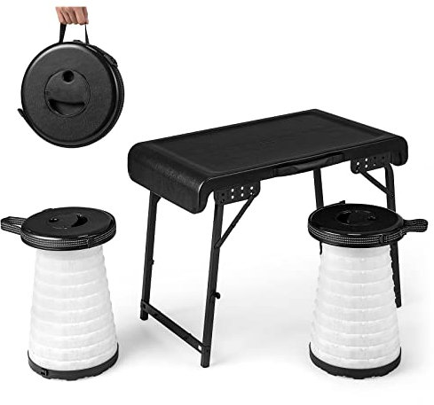GYMAX Tavolo da Campeggio con 2 Sgabelli a LED Retrattili, Set da 3 Pezzi per Spiaggia, Giardino, Tavolo Pieghevole e 2 Sedie Leggere per Picnic, Barbecue, Pesca