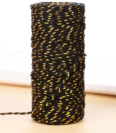 50m Schwarz Gold Bindfäden, 1.5mm Bäcker Baumwolle Handwerk Bastelschnur Dekokordel Schnur Baumwollschnur - Perfekt für DIY, Geschenke Verpacken, Weihnachts Dekoration