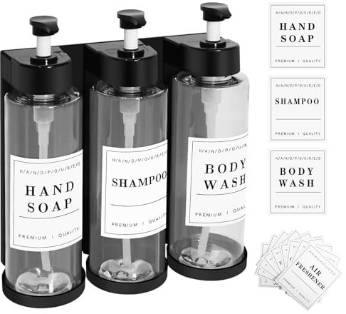 Distributeur Savon Mural, Distributeur Savon Salle de Bain avec étiquettes, 900ML Distributeur Shampoing et Gel Douche, Rechargeable Distributeurs Savons Liquide pour Bains, Cuisine, Hôtel, Toilettes