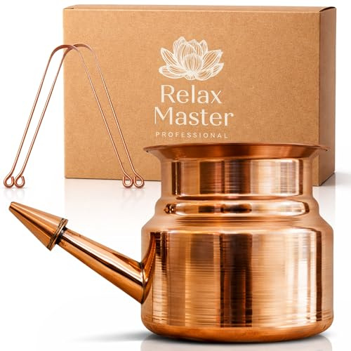Relax Master® Kupfer Neti Pot Nasendusche mit Zungenschaber – Handgemachte Ayurveda Nasenspülung & Mundhygiene Set – Jala Neti für Yoga, Sinus, Pollenallergie – 100% Massivkupfer Luxus Geschenkbox