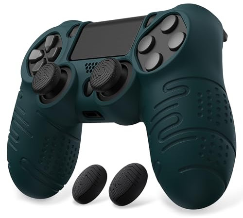PlayVital Line & Dot Funda de Silicona para ps4 Control Accesorios Protectora Antideslizante con Tapas para el Pulgar Agarre Grip Caps para ps4 Slim para ps4 Pro Mando(Verde Oscuro)