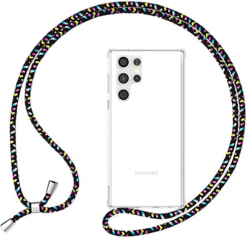 NALIA Handykette für Samsung Galaxy S24 Ultra - Hülle, Konfetti Schwarz | Kordel ca. 1,60m für Crossbody, Ösen fest im Rahmen eingegossen, Massive Metallenden, Verstärkte Ecken, HANGIT PRO