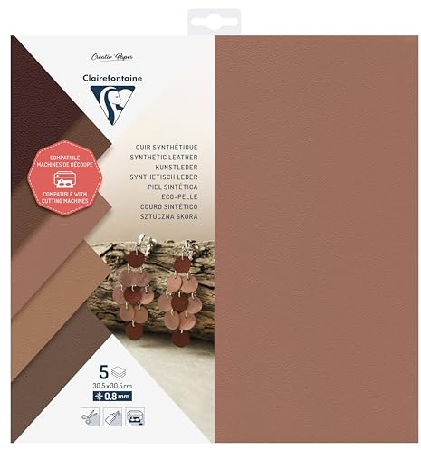 Clairefontaine 95737C - Packung mit 5 Blatt Schneidepapier Kunstleder, Stärke 0,8mm, 30,5x30,5cm, ideal für kreative Projekte, farbig sortiert, 1 Pack