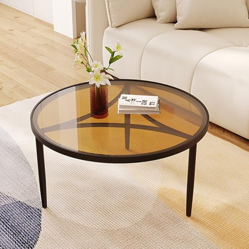 GMBAYUE Moderner Runder Couchtisch aus Glas mit Ringförmigen Metallrahmen, Kleiner Couchtisch für Wohnzimmer, Schlafzimmer, Balkon, Zuhause und Büro (Color : Black Table Legs+Brown, Size : 45x45cm)