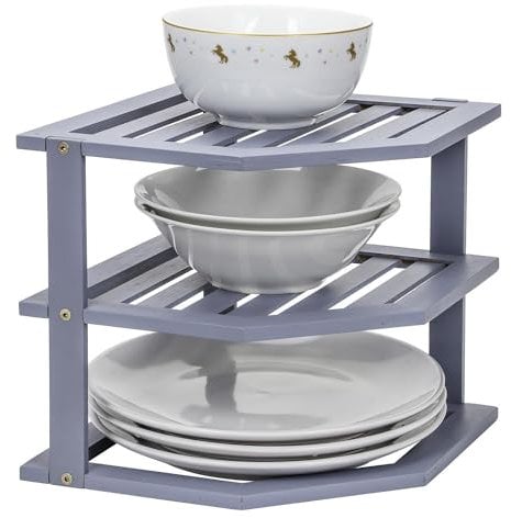 MantraRaj 3 Tier Bamboo Corner Shelf Rack Unit Kitchen Cupboard Organiser Shelf Storage Space Saver Tidy Kitchen corner Plate Rack organiser Standing Storage Unit For Home, Living Room, Bathroom-Grey