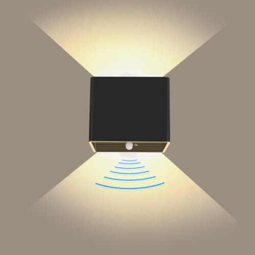 URAQT LED Wandleuchte Innen, Schwarz Akku Wandleuchte mit Bewegungsmelder 4000 mAh 5 W USB Aufladbare Wandbeleuchtung Magnetische Flurlampe für Schlafzimmer Wohnzimmer Treppen Flur