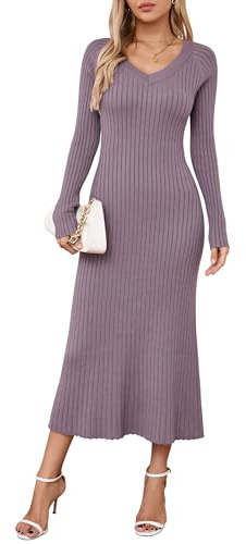 Arach&Cloz Strickkleid Damen V Ausschnitt Herbst Winterkleid Lang Pulloverkleid Bodycon Fishtail Maxi Kleid Elegant