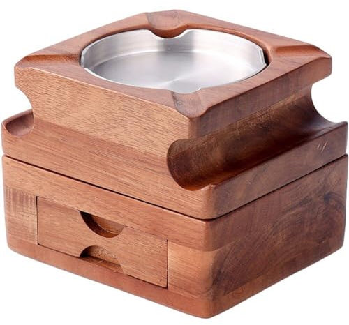 Cenicero De Madera con Bandeja para Whisky, Posavasos De Cenicero para Puros De 2 Capas con Cajón, Soporte para Cigarros, Soporte para Sala De Estar Y Hogar