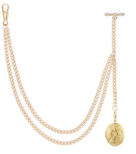 ManChDa Taschenuhr Ketten für Herren -Taschenuhr Kette mit Medaillon Anhänger, Taschenuhr und Kette, Albert Kette Curb Link T-Bar Kette 2 Haken Antik Fob T Bar für Männer Gold