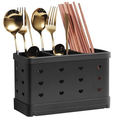 keilend Cutlery Racks, Black Cutlery Holder for Countertop, Cutlery Caddy 3 Compartments with Removable Tray, Stainless Steel Kitchen Utensils Holder with Ventilation Holes (8x3.5x5 Inch)