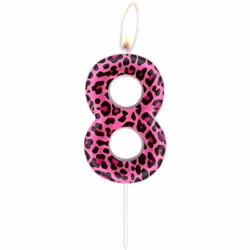 Rosa Leopard 8th Geburtstagskerzen, rosa Gepard Nummer 8 Kerzen für Kuchen, Mädchen 8th Geburtstag Dekor, Leoparden-Kuchendekorationen, Leoparden-Thema für Mädchen Frauen Gepard Geburtstag Party Dekor