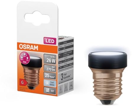 Osram LED STAR FLAT mit 3.5W (wie 26W), 270lm/4000K, kaltweiß 840, frosted, Kunststoff in Schwarz, mit E27 Schraubgewinde, 3-fach dimmbar über Wandschalter, 35 mm Durchmesser.