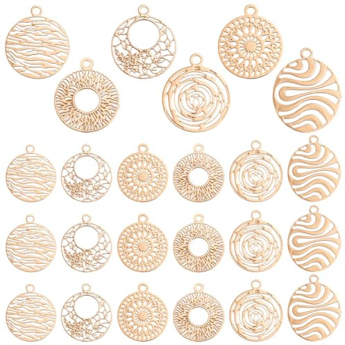 PH PandaHall 120pcs 6 Styles Brass Filigree Pendants Filigree Connectors Charms, Flat Round Gold Charms Bulk Metal Pendants Hollow Metal Charm for DIY Bracelet Earring Necklace Jewelry Making