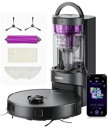 EUREKA E20 Plus Saug- & Wischroboter + beutelloser Multi-Zyklon Absaugstation (Duo-KI-3D-Hindernisvermeidung & Night Vison, 8000Pa, bis zu 300m2, Anti-Haarverhedderung, App- & Sprachsteuerung) schwarz