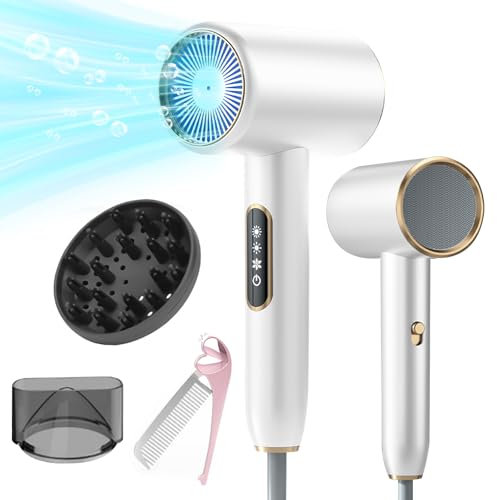 Bizcasa 2400W Secador Pelo Ionico,Profesional Secador de Pelo pantalla LCD 3 Ajustes de Temperatura,2 velocidades,Salón Hair Dryer con Difusor y Boquilla de Peinado/Peine Plegable (Blanco)