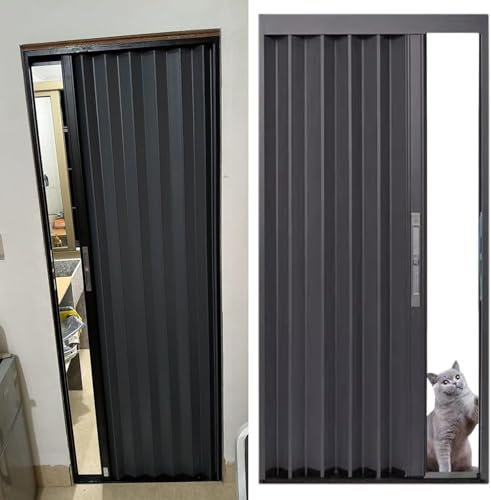 SAFWELAU Scheunentür Falttüre Faltschiebetüren aus Aluminium mit Schloss und Schlüssel, Graue Raumteiler-Tür-Sets für Badezimmer, Schlafzimmer, Flur(52x80in(131x203cm))