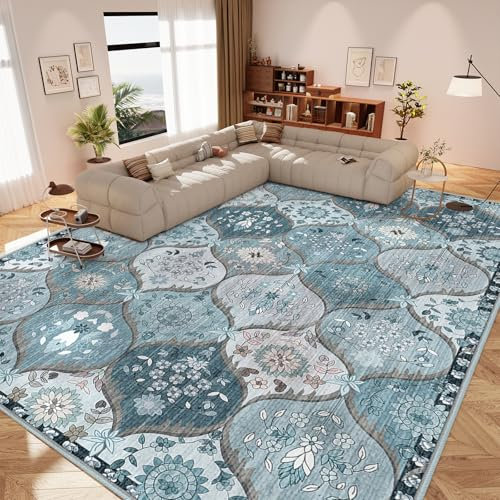 IKALIFE Tappeto Salotto Tappeto Vintage - Tappeto Salotto Lavabile in Lavatrice Tappeto Soggiorno Tappeto Pelo Corto Tappeto Camera da Letto Morbido Antiscivolo per Sala da Pranzo 120x170 cm Blu