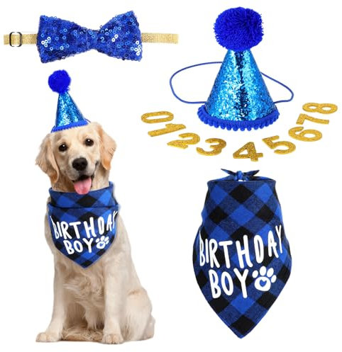JJUNW Suministros de fiesta de cumpleaños para perro, pañuelo triangular para tartas, sombrero de fiesta, collar con corbatín para perro, con números, para perros grandes, medianos y pequeños,