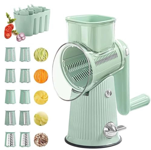 Ivyever Cheese Grater, Kitchen Artifact 5-in-1 Lebensmittelzerkleinerer, 5-in-1 Gourmet-Käsereibe, Käsereibe mit Kurbel, Käsereibe Handkurbel, Gemüsereibe Zerkleinerer Schredder Küchenhelfe (Grün)