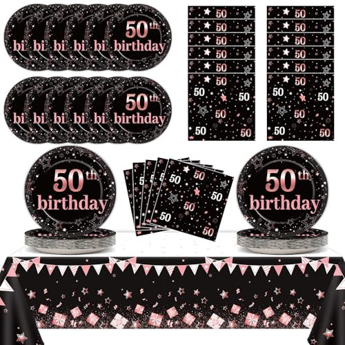 Qyeahkj 50th Birthday Plates and Napkins for Woman Black Rose Gold 50 Years Old Party Supplies Plates Napkins Tablecloth Decorations Cheers to 50 Paper Tableware Set Happy 50th Birthday Favors Serve24