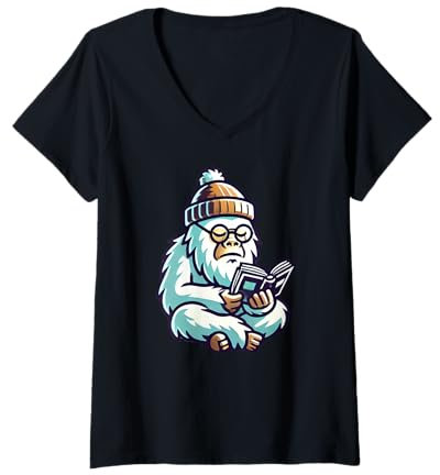 Damen Yeti liest ein Buch, Funny Bigfoot Cryptid Booktok Aesthetic T-Shirt mit V-Ausschnitt