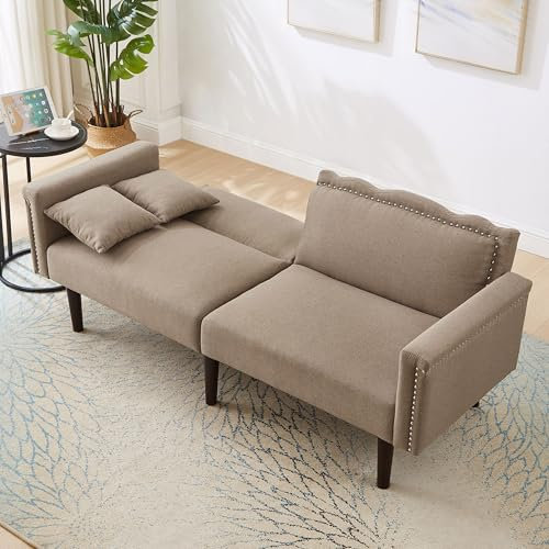 Dolamaní 2 Sitzer Sofa mit Schlaffunktion, Klappsofa mit Verstellbarer Rückenlehne, Lounge Bettsofa Liegefläche 157 x 89 cm, Baumwoll-Leinen-Stoff (Antikes Braun)