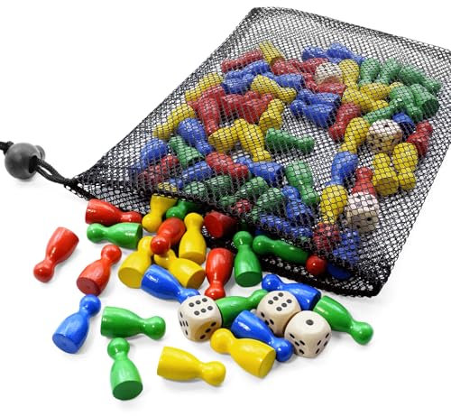 Okoss Spielfiguren Set, 80 Bunte Halmakegel Spielfiguren Holz 25 x12mm und 6 Würfel aus Holz mit Säckchen zur Aufbewahrung, Spielfiguren für brettspiele,Rot, Gelb, Blau, Grün