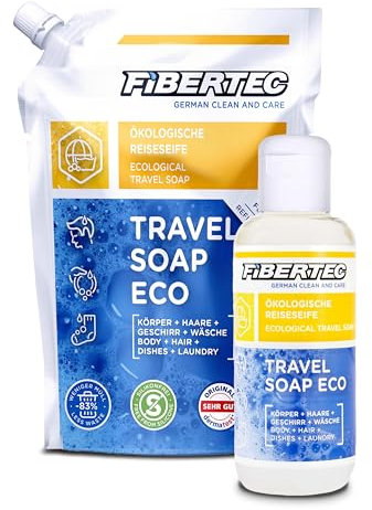 FIBERTEC Travel Soap Eco Bundle 100ml & 500ml - 3-in-1 Reise-Seife flüssig, Körperpflege, Waschmittel & Geschirrspülmittel in einer Universal-Lösung, Biologisch abbaubar, Made in Germany