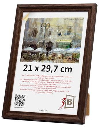 3-B Bilderrahmen MORI - Dunkel Braun (Nussbaum mit optischer Holzmaserung) - 21x29,7 cm (A4) - Holzrahmen, Fotorahmen, Dokumentenrahmen mit Acrylglas